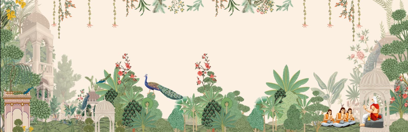 Traditional Vedic garden with peacocks, temple architecture and sages in discourse